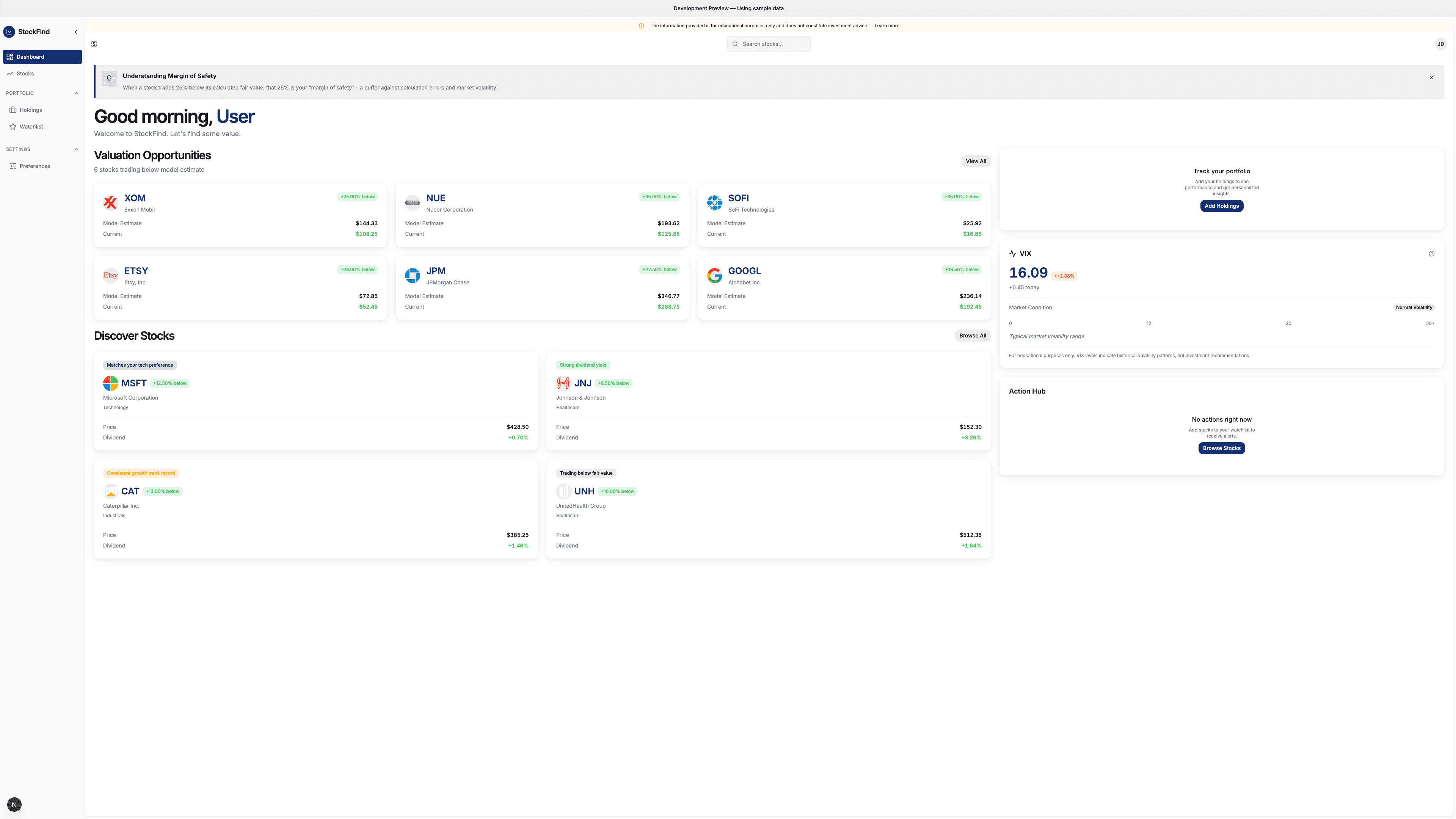 StockFind dashboard showing valuation opportunities and portfolio tracking